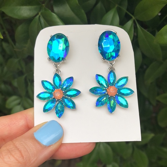 Aquamarine AB + Pink Opal Flower Statement Earrings - Picture 5 of 5